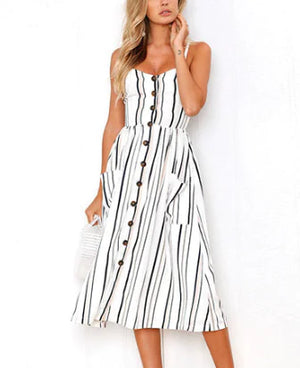 BeAvant Casual striped linen cotton dress women Button strap beach summer dress 2019 Sexy backless midi ladies dresses vestidos