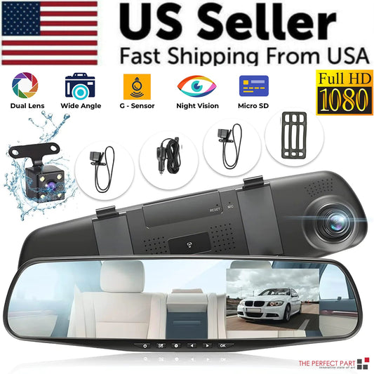 1080P HD Rearview Mirror Car DVR Dual Dash Cam Camera Front Rear Video Recorder - Rieworkes