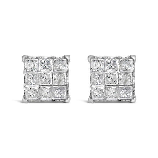 10K White Gold 1/2 Cttw Invisible Princess - cut Diamond 9 Stone Composite Stud Earrings (I - J Color, I3 Clarity) - Rieworkes