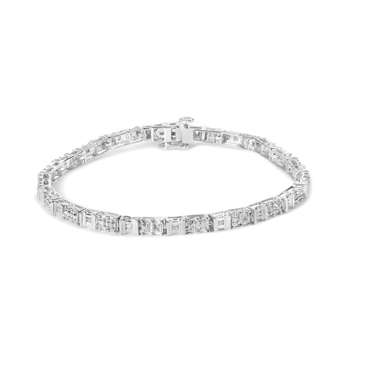 10K White Gold 1/2 Cttw Round and Channel Set Baguette Diamond Alternating Link 7" Bracelet (H - I Color, I2 - I3 Clarity) - Rieworkes