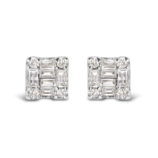 10K White Gold 1/7 Cttw Round and Baguette Diamond Mosaic Square Stud Earrings (H - I Color, I1 - I2 Clarity) - Rieworkes