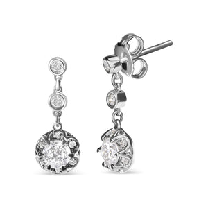 14k White Gold 5/8 Cttw Diamond Halo Drop and Dangle Earrings Stud with Bale (I - J Color, I1 - I2 Clarity) - Rieworkes