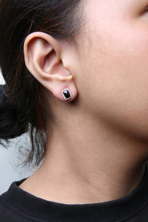 18K Rose and White Gold 1/4 Cttw Round Diamond and 8x6mm Cushion Cut Black Onyx Gemstone Halo Stud Earrings (G - H Color, SI1 - SI2 Clarity) - Rieworkes