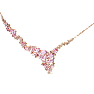 18K Rose Gold 1/2 Cttw Brown Diamond and Multi - Size Oval Pink Sapphire Cluster Cascade Statement Station Necklace (Brown Color, SI1 - SI2 Clarity) - Adjustable up to 14" to 16" - Rieworkes