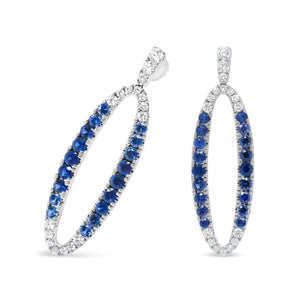 18K White Gold 1.11 Cttw Blue Round Diamond and Blue Sapphire Openwork Oval Shaped Dangle Earrings (F - G Color, VS1 - VS2 Clarity) - Rieworkes