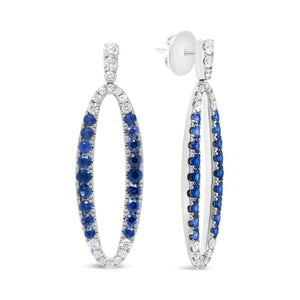 18K White Gold 1.11 Cttw Blue Round Diamond and Blue Sapphire Openwork Oval Shaped Dangle Earrings (F - G Color, VS1 - VS2 Clarity) - Rieworkes