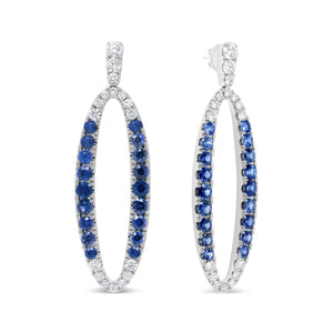 18K White Gold 1.11 Cttw Blue Round Diamond and Blue Sapphire Openwork Oval Shaped Dangle Earrings (F - G Color, VS1 - VS2 Clarity) - Rieworkes