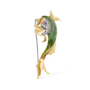 18K Yellow Gold and Green Enamel Diamond and Pink Sapphire Fish Brooch Pin (H - I Color, VS2 - SI1 Clarity) - Rieworkes