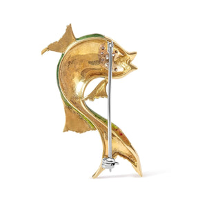 18K Yellow Gold and Green Enamel Diamond and Pink Sapphire Fish Brooch Pin (H - I Color, VS2 - SI1 Clarity) - Rieworkes