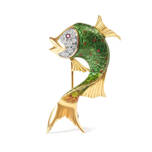 18K Yellow Gold and Green Enamel Diamond and Pink Sapphire Fish Brooch Pin (H - I Color, VS2 - SI1 Clarity) - Rieworkes