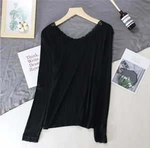 Women Lace V-neck Long-sleeved Thermal  Slim Warm Top