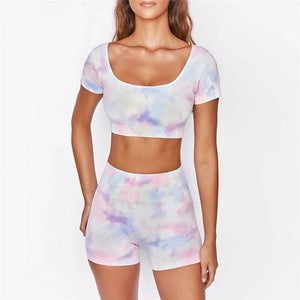 2020 Summer Tie Dye Women's Yoga Set: Short Sleeve Crop Top & High Waist Shorts - Rieworkes