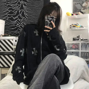 Skeleton Rhinestone Hoodie Full Zip Up Women Cyber Y2K Hooded Sweatshirts