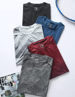 5 Pack Men’s Active Quick Dry Crew Neck T Shirts | Athletic Running Gym Workout Short Sleeve Tee Tops Bulk Light Gray/Gradient Red/Blue/Charcoal/Black Large - Rieworkes