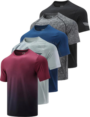 5 Pack Men’s Active Quick Dry Crew Neck T Shirts | Athletic Running Gym Workout Short Sleeve Tee Tops Bulk Light Gray/Gradient Red/Blue/Charcoal/Black Large - Rieworkes