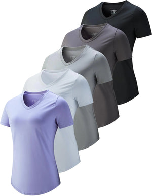 5 Pack: Womens Dry Fit Workout Shirts, Short Sleeve Athletic Gym Tshirts, Ladies Active Long Tees Bulk Medium White/Gray/Charcoal/Black/Lavender - Rieworkes