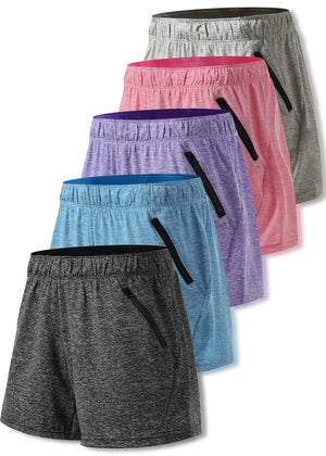 5 Pack: Womens Workout Gym Shorts Casual Lounge Set, Ladies Active Athletic Apparel with Zipper Pockets Medium Heather Black/Blue/Purple/Pink/Gray - Rieworkes