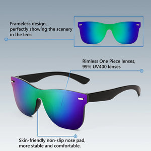 FEISEDY Sunglasses, Rimless Mirrored Sun Glasses with Reflective One-Piece Lens, B4114 Green Blue Mirror 62 Millimeters