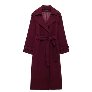 Elegant Bordeaux Lapel Mix Maxi Overcoat