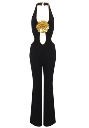 Golden Bloom Halter Backless Jumpsuit