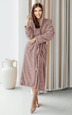 NY Threads Women's Fleece Hooded Bathrobe Plush Long Spa Robe X-Large Taupe