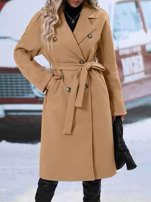 Women's Double-Breasted Trench Coat with Polo Collar and Lace-Up Belt: Thickened Solid Color Design