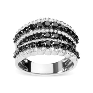 .925 Sterling Silver 1 3/4 Cttw Treated Black and White Alternating Diamond Multi Row Band Ring (Black / I - J Color, I2 - I3 Clarity) - Rieworkes