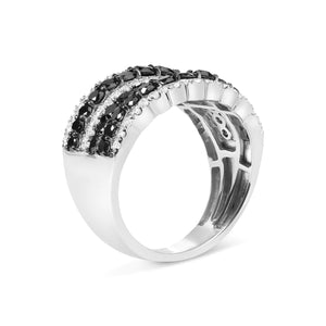 .925 Sterling Silver 1 3/4 Cttw Treated Black and White Alternating Diamond Multi Row Band Ring (Black / I - J Color, I2 - I3 Clarity) - Rieworkes