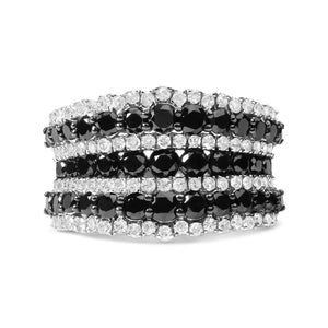 .925 Sterling Silver 1 3/4 Cttw Treated Black and White Alternating Diamond Multi Row Band Ring (Black / I - J Color, I2 - I3 Clarity) - Rieworkes