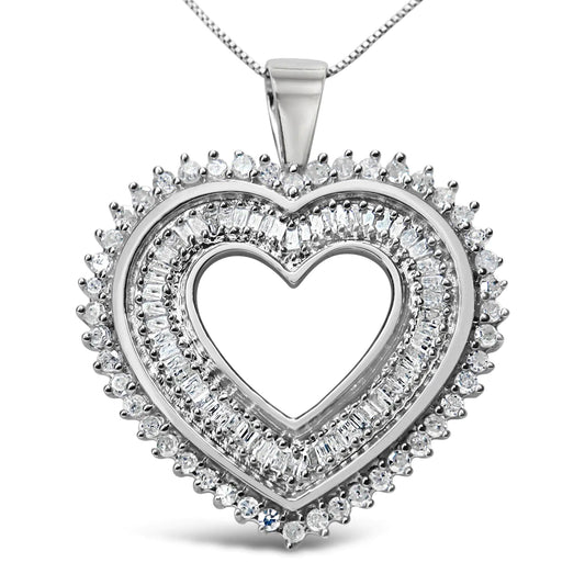 .925 Sterling Silver 1.0 Cttw Baguette and Round Diamond Heart Pendant 18" Necklace (H - I Color, I3 Clarity) - Rieworkes