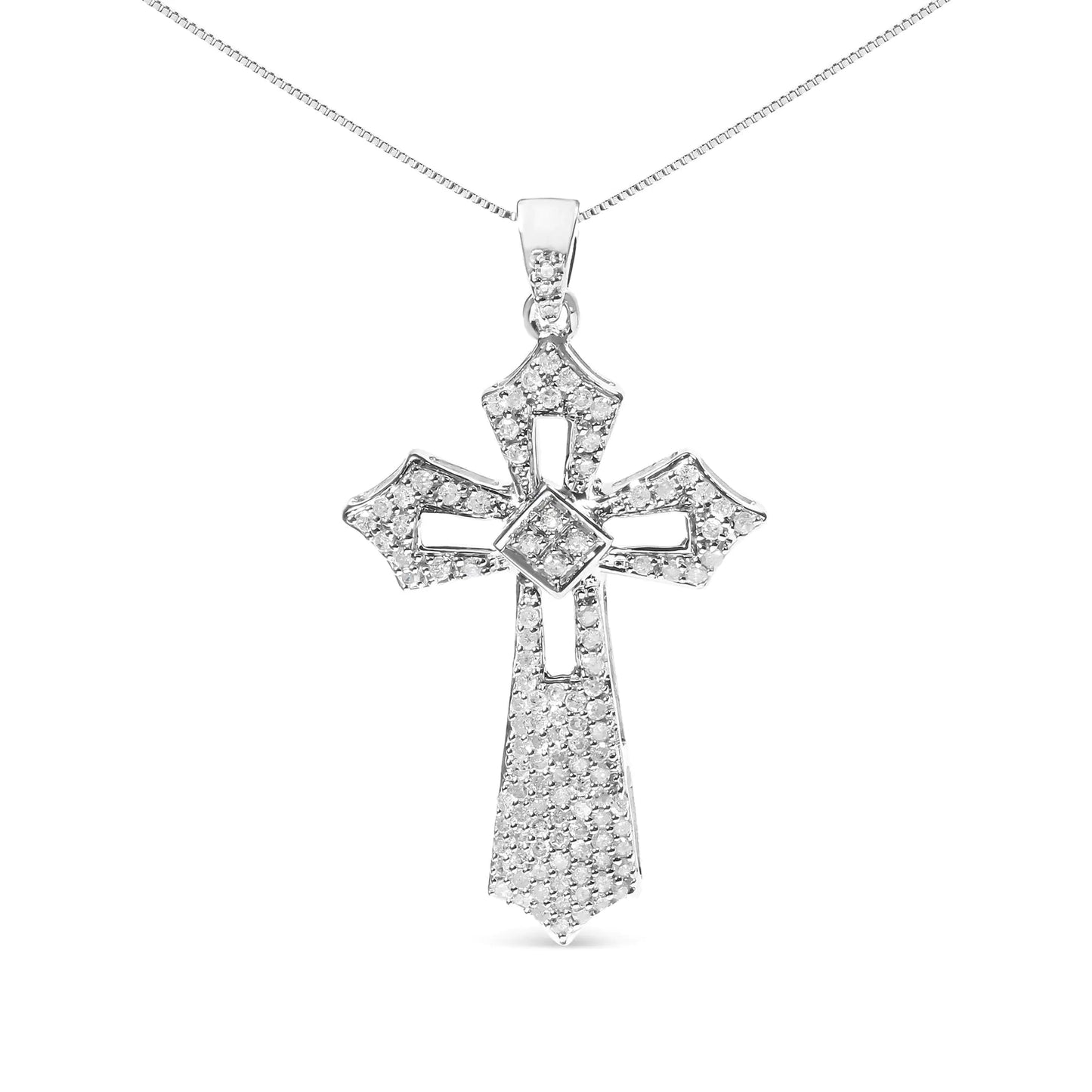 .925 Sterling Silver 1.00 Cttw Diamond Fleur De Lis Cross 18" Pendant Necklace (H - I Color, I2 - I3 Clarity) - Rieworkes