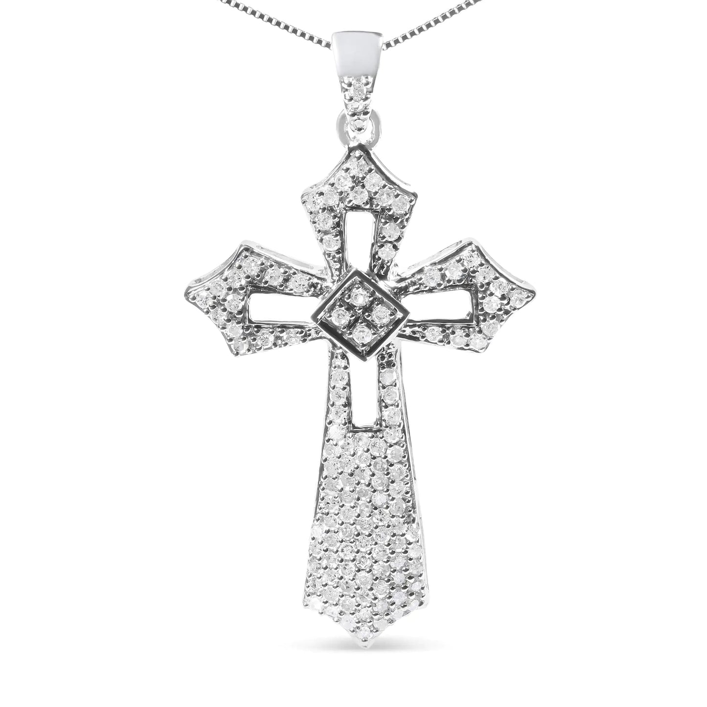 .925 Sterling Silver 1.00 Cttw Diamond Fleur De Lis Cross 18" Pendant Necklace (H - I Color, I2 - I3 Clarity) - Rieworkes