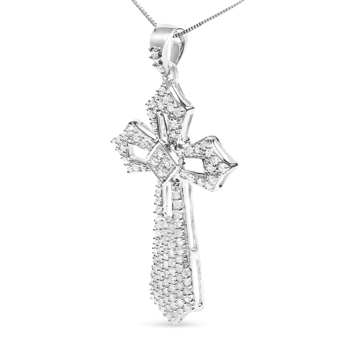 .925 Sterling Silver 1.00 Cttw Diamond Fleur De Lis Cross 18" Pendant Necklace (H - I Color, I2 - I3 Clarity) - Rieworkes