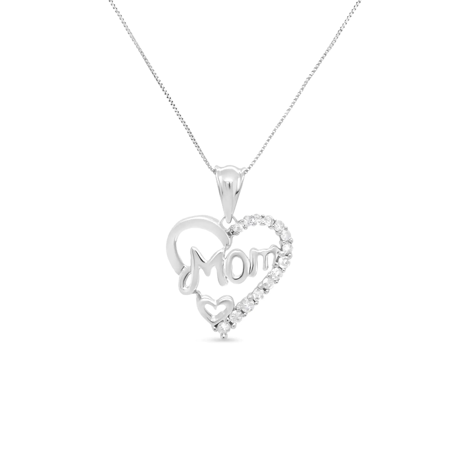 .925 Sterling Silver 1/4 Cttw Round Diamond "Mom" Openwork Heart Pendant 18" Necklace (I - J Color, I2 - I3 Clarity) - Rieworkes