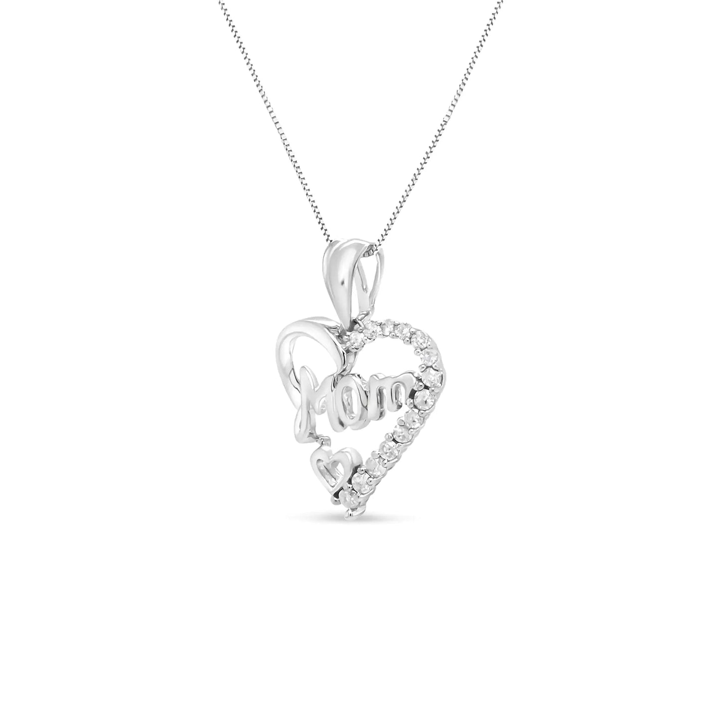 .925 Sterling Silver 1/4 Cttw Round Diamond "Mom" Openwork Heart Pendant 18" Necklace (I - J Color, I2 - I3 Clarity) - Rieworkes