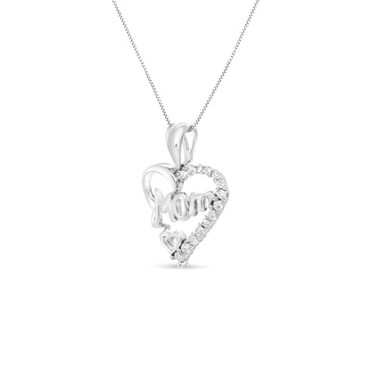 .925 Sterling Silver 1/4 Cttw Round Diamond "Mom" Openwork Heart Pendant 18" Necklace (I - J Color, I2 - I3 Clarity) - Rieworkes