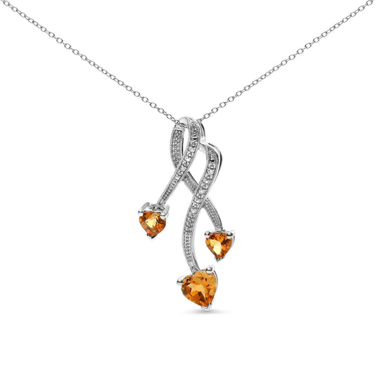 .925 Sterling Silver 3 - Stone Heart Shape Citrine and Diamond Accent Spiral Drop 18" Pendant Necklace (H - I Color, SI1 - SI2 Clarity) - Rieworkes