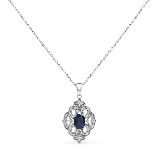 .925 Sterling Silver 7x5 MM Oval Blue Sapphire and Diamond Accent Art Deco Style Shield Shaped 18" Pendant Necklace (I - J Color, I3 Clarity) - Rieworkes