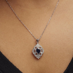.925 Sterling Silver 7x5 MM Oval Blue Sapphire and Diamond Accent Art Deco Style Shield Shaped 18" Pendant Necklace (I - J Color, I3 Clarity) - Rieworkes