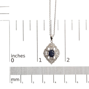 .925 Sterling Silver 7x5 MM Oval Blue Sapphire and Diamond Accent Art Deco Style Shield Shaped 18" Pendant Necklace (I - J Color, I3 Clarity) - Rieworkes