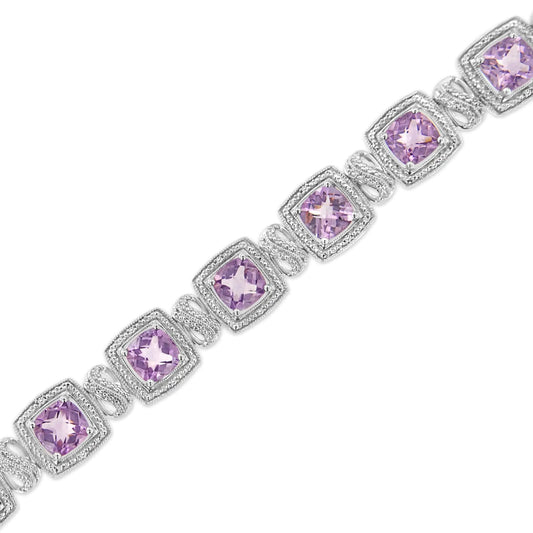 .925 Sterling Silver 7x7 mm Cushion Cut Purple Amethyst and 1/10 cttw Round Cut Diamond Square Shape Tennis Bracelet (I - J Color, I1 - I2 Clarity) - 7" - Rieworkes