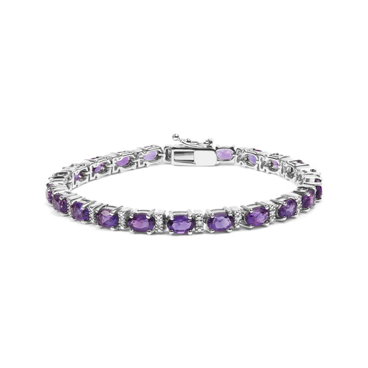 .925 Sterling Silver 9 1/2 Cttw Alternating Oval Amethyst and White Diamond Accent Link Tennis Bracelet (I - J Color, I3 Clarity) - 7.25" Inches - Rieworkes