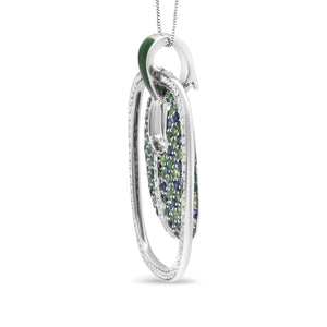 .925 Sterling Silver Green Enamel Pendant with 1/2 Cttw Diamond, Sapphire, and Tsavorite Openwork Statement 18" Pendant Necklace (F - G Color, VS1 - VS2 Clarity) - Rieworkes