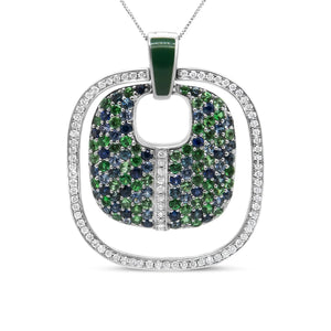 .925 Sterling Silver Green Enamel Pendant with 1/2 Cttw Diamond, Sapphire, and Tsavorite Openwork Statement 18" Pendant Necklace (F - G Color, VS1 - VS2 Clarity) - Rieworkes