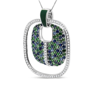 .925 Sterling Silver Green Enamel Pendant with 1/2 Cttw Diamond, Sapphire, and Tsavorite Openwork Statement 18" Pendant Necklace (F - G Color, VS1 - VS2 Clarity) - Rieworkes