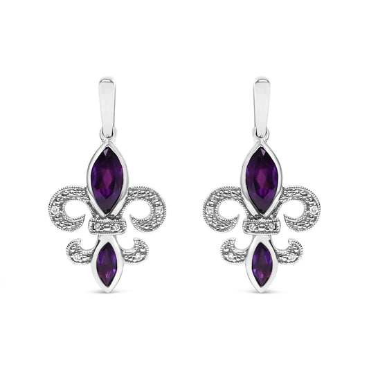 .925 Sterling Silver Marquise Cut Amethyst and Diamond Accent Fleur De Lis Dangle Stud Earrings (H - I Color, SI1 - SI2 Clarity) - Rieworkes