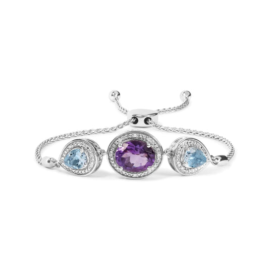 .925 Sterling Silver Oval Amethyst and Pear Blue Topaz with Diamond Accent Lariat 4” - 10” Adjustable Bolo Bracelet (H - I Color, SI1 - SI2 Clarity) - Rieworkes