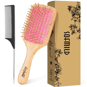 Sofmild Hair Brush-Natural Wooden Bamboo Brush-Eco Friendly Detangle Paddle Hairbrush for Women Men and Kids Massage Scalp Increase Hair Growth Rose