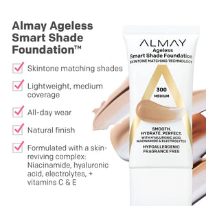 Almay Anti-Aging Foundation, Smart Shade Face Makeup with Hyaluronic Acid, Niacinamide, Vitamin C & E, Hypoallergenic-Fragrance Free, 100 Light, 1 Fl Oz (Pack of 1) 1 Fl Oz (Pack of 1)