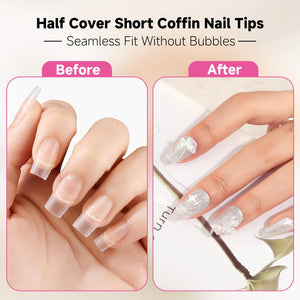 UNA GELLA Short Coffin Fake Nails 504Pcs Half Cover Matte Nail Tips Extra Short Coffin Gel X Nail Tips No C Curve Pre-buff No Need File Salon Quality Nail Extension DIY Nail Art Salon 12 Sizes C3-Half Short Coffin